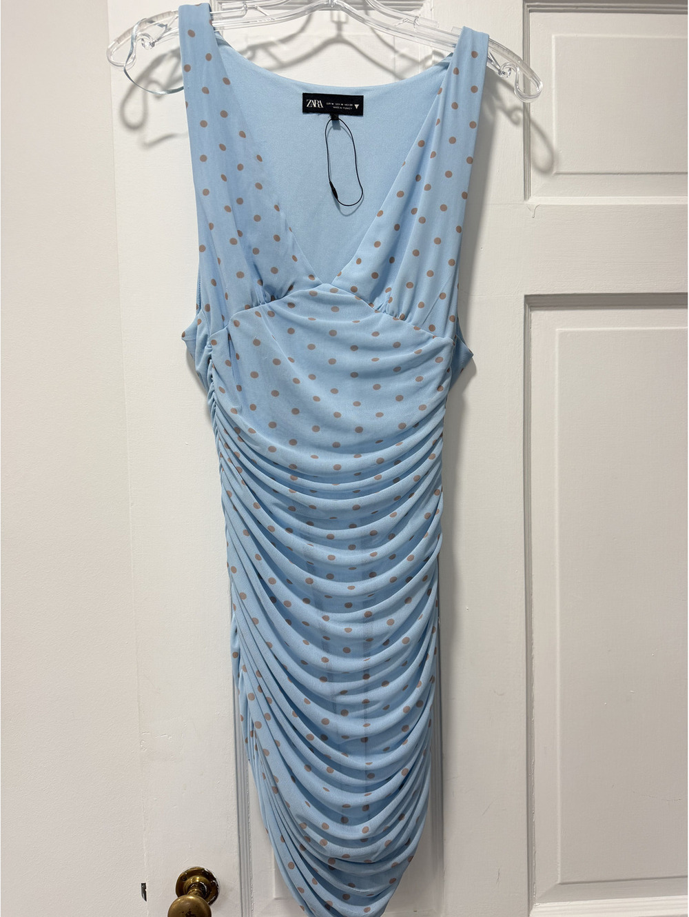 Zara ruched blue polka dot blue bodycon summer dress - size Medium